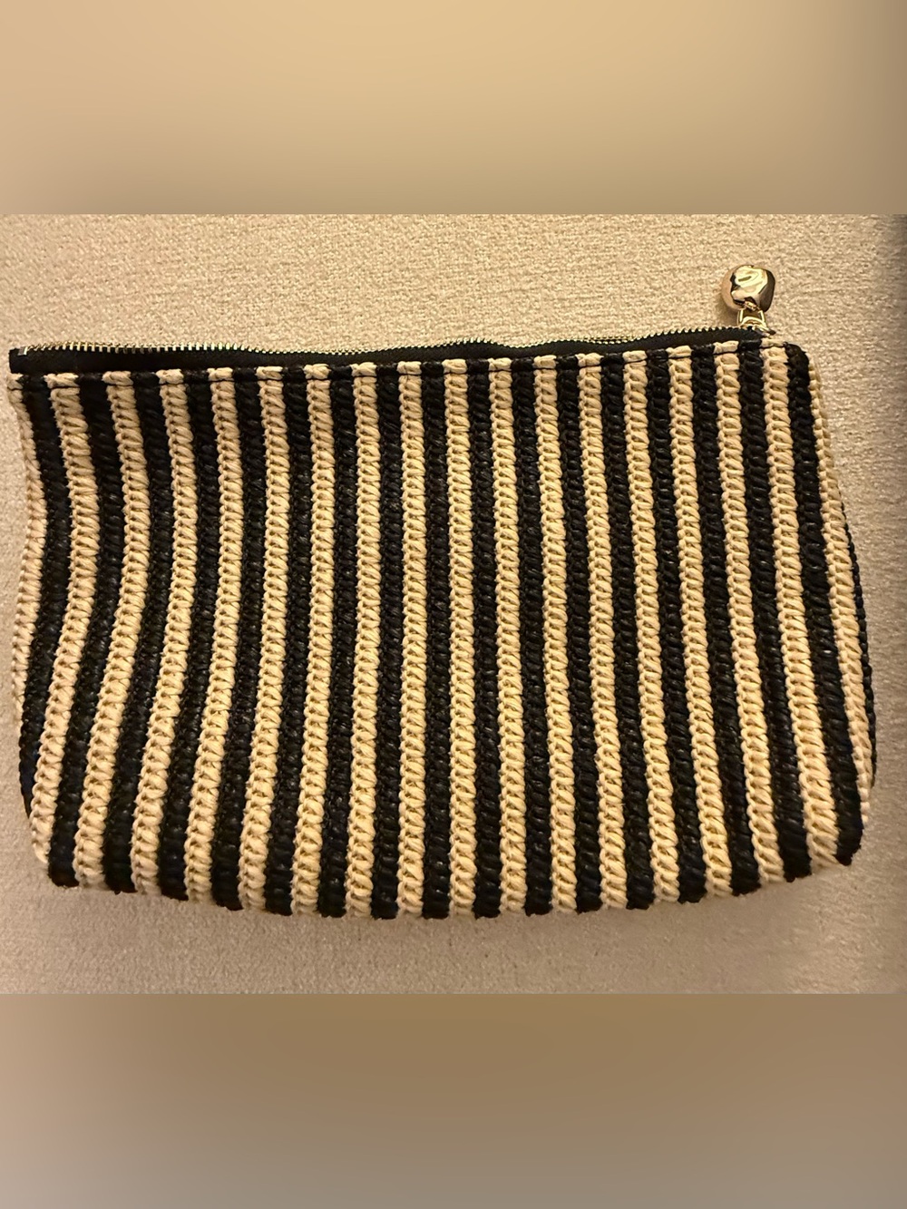 Madewell Black and Cream Striped Woven Zip Pouch